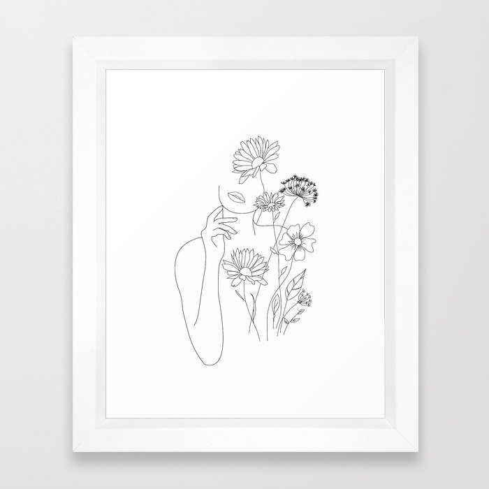 Minimal Line Art Woman with Flowers III Framed Art Print - Image 0