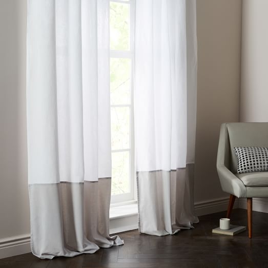 Linen Velvet Colorblock Curtain, White/Frost, 48"X108" - Image 0