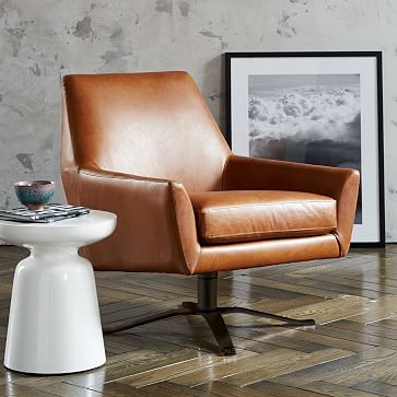 Lucas Upholstered Swivel Base Chair, Poly, Weston Leather, Molasses, Polished Nickel - Image 6