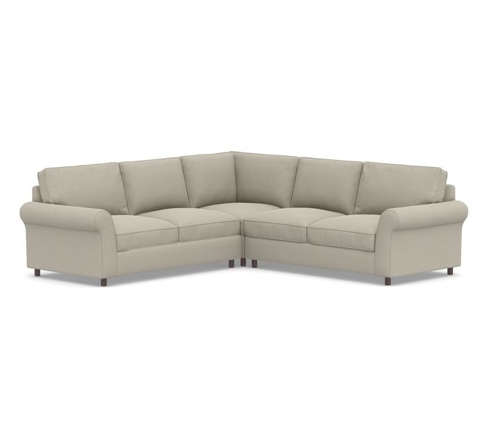PB Comfort Roll Arm Upholstered 3-Piece L-Shaped Corner Sectional, Box Edge Down Blend Wrapped Cushions, Chenille Basketweave Pebble - Image 0