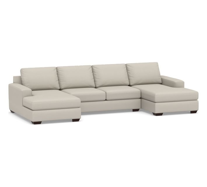 Big Sur Square Arm Upholstered U-Chaise Sofa Sectional with Bench Cushion, Down Blend Wrapped Cushions, Performance Heathered Tweed Pebble - Image 0