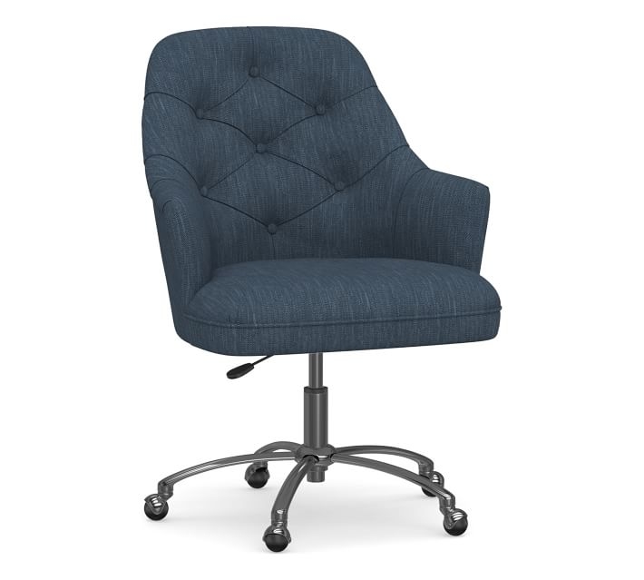 Everett Upholstered Desk Chair, Polished Nickel Swivel Base, Brushed Crossweave Navy - Image 0