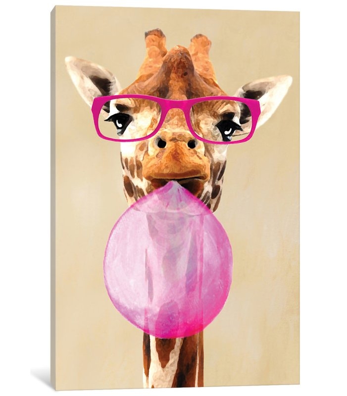 'Clever Giraffe with Bubblegum' Painting Print on Canvas - Image 1