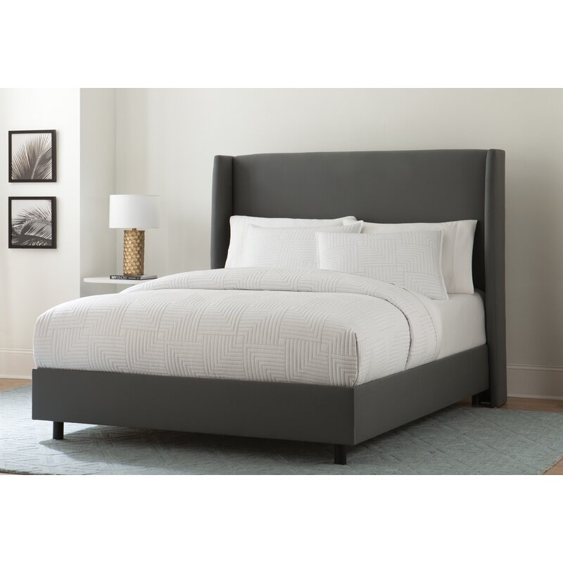 Carey Solid Wood and Upholstered Low Profile Standard Bed, Twill Gray, King - Image 0