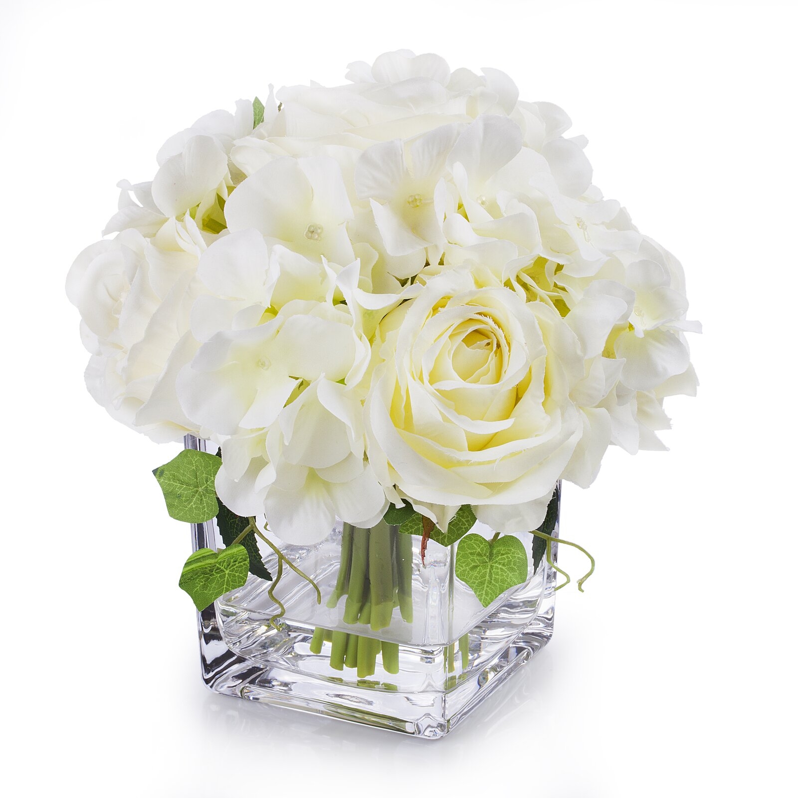 Hydrangea Flower Arrangement in Glass Vase - Image 1