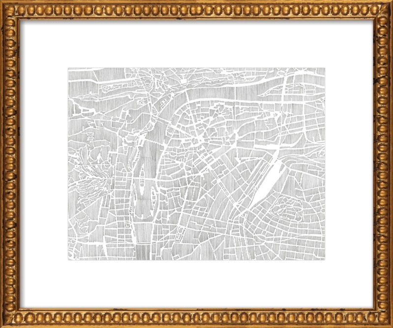 Prague Ink Map - Final Framed Size: 24x20" - Gold Bead wood - Image 0