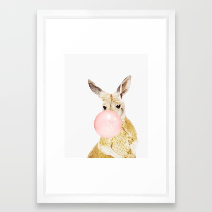 Kangaroo, Bubble gum, Pink, Animal, Nursery, Minimal, Trendy decor, Interior, Wall art Framed Art Print - 15" x 21" - Vector White - Image 1