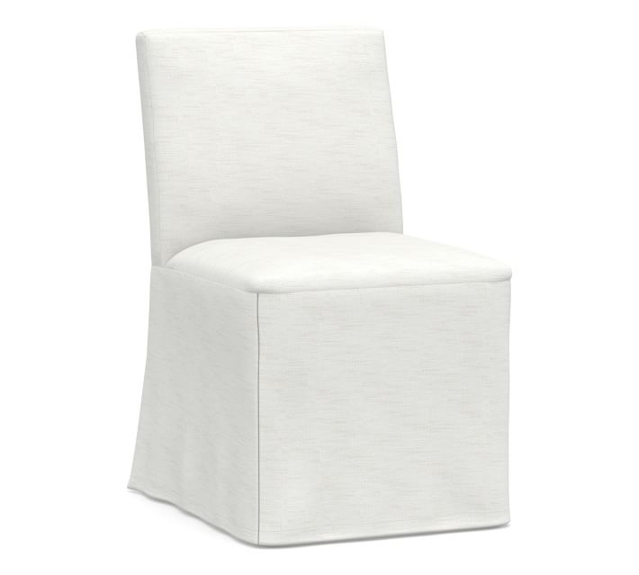 Classic Long Slipcovered Dining Side Chair, Gray Wash Frame, Performance Slub Cotton White - Image 0