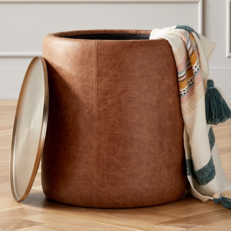 Stitch Leather Round Storage Side Table - Image 3