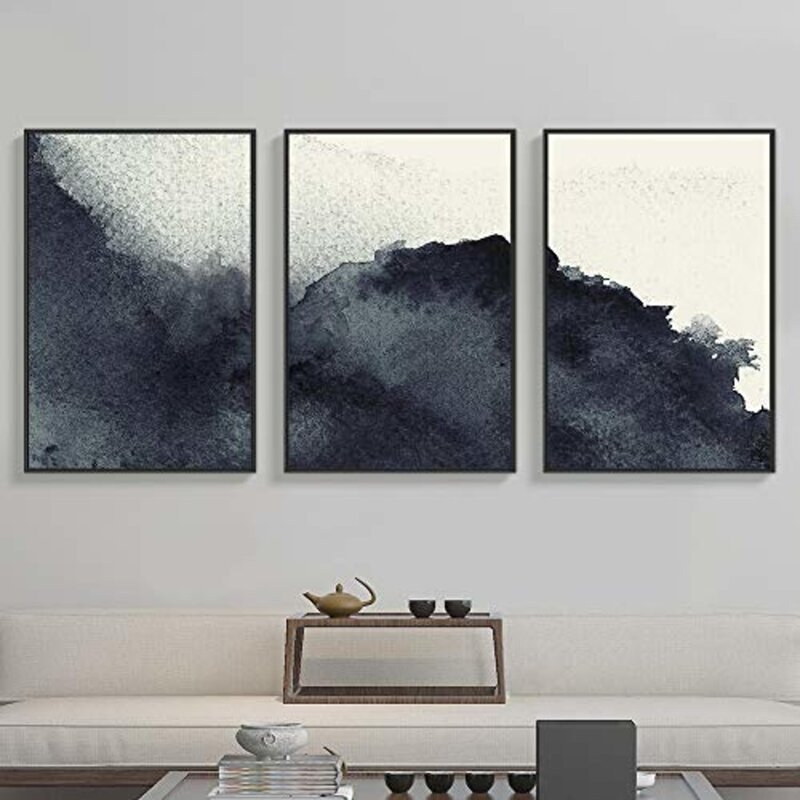 3 Panels Abstract Zen Ink Canvas - 3 Piece Floater Frame Painting on Canvas - Image 1