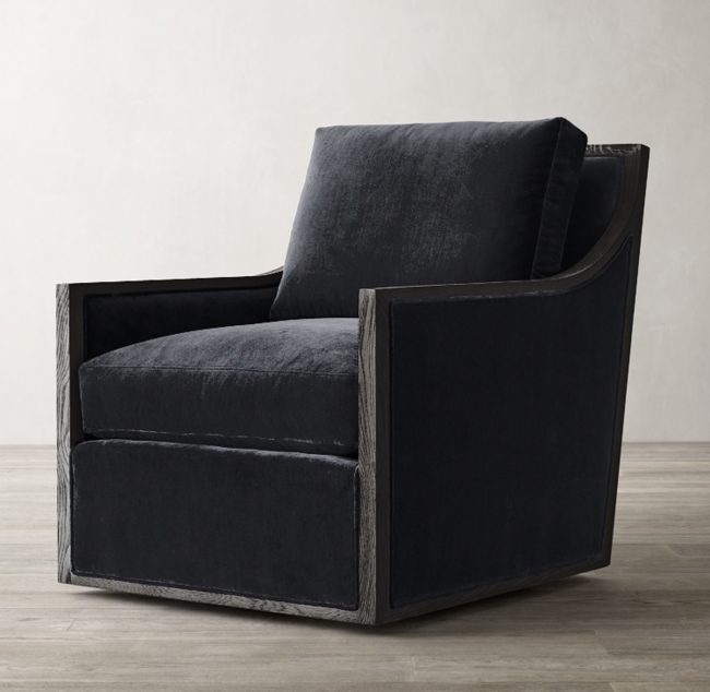 French Comteporary Slope Arm Swivel Chair, Luxe Depth, Black Velvet, Brushed Black Oak - Image 0