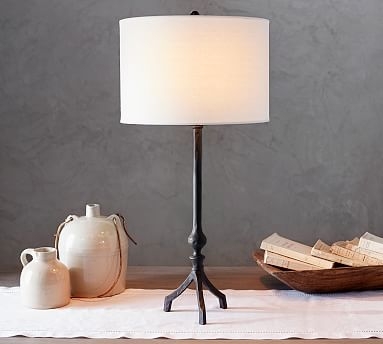 Jerome Table Lamp, Bronze Base With Small Gallery Straight Sided Linen Drum Shade, White - Image 0