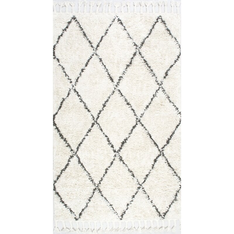 Twinar Geometric Hand-Knotted Wool Off White/Dark Gray Area Rug 5'x8' - Image 0
