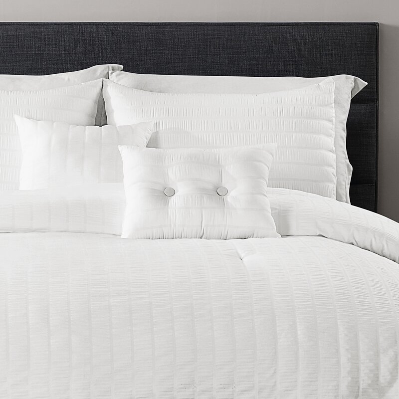 King Comforter + 2 Shams + 2 Throw Pillows White Yost Seersucker Reversible Comforter Set - Image 1
