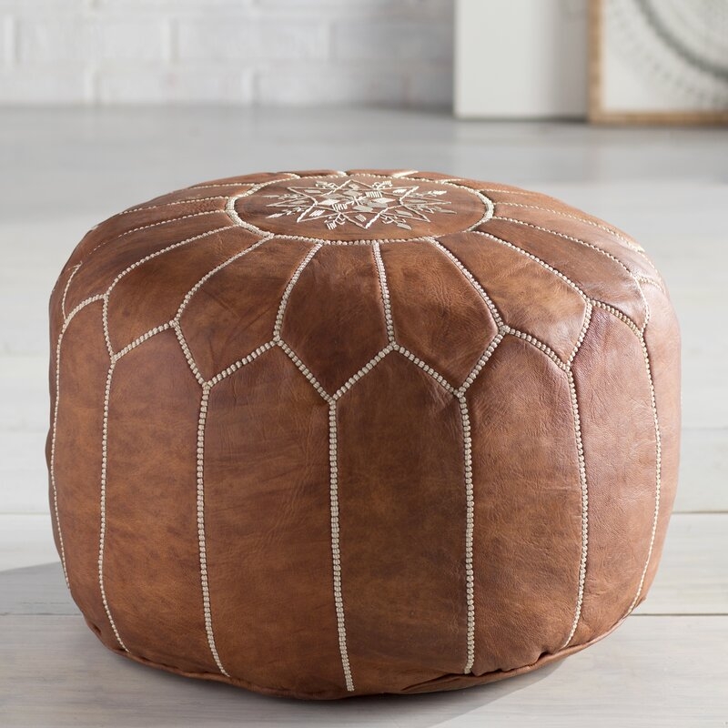Cherise Genuine Leather Round Pouf - Tan - Image 2