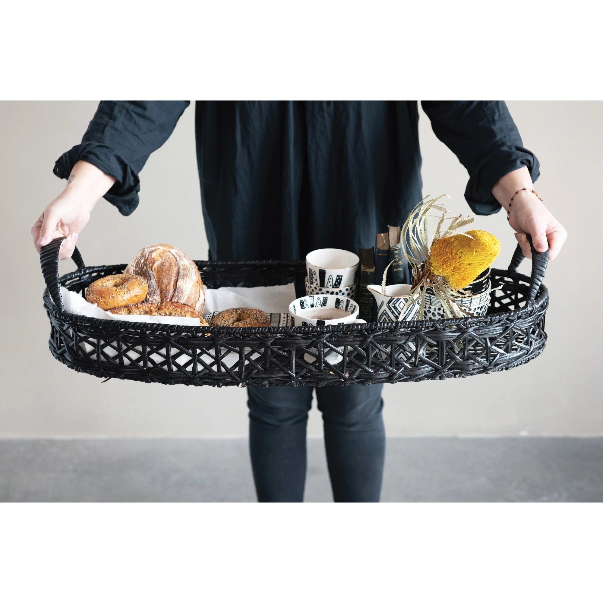 Decorative Hand-Woven Rattan Tray with Handles, Black - Image 1