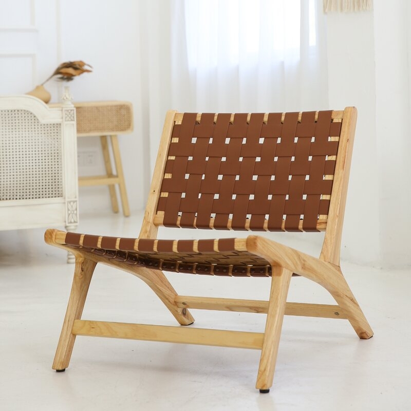 Mid-century Modern Leather Weave Woven Retro Accent Chair Armchair Wooden Lounge Chairs Safari Recliner, For Living Room（set Of 2） - Image 2