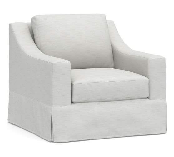 York Slope Arm Slipcovered Swivel Armchair, Down Blend Wrapped Cushions, Performance Slub Cotton White - Image 6