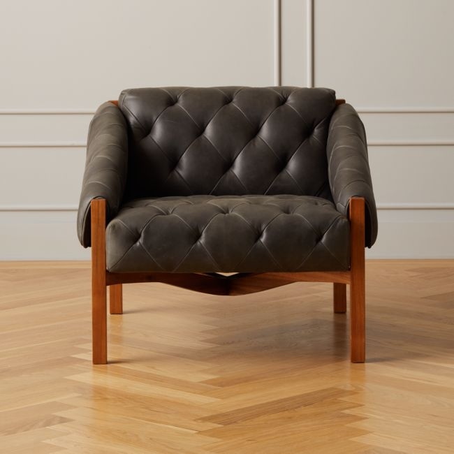 Abruzzo Black Leather Tufted Chair with Brown Legs - Image 0