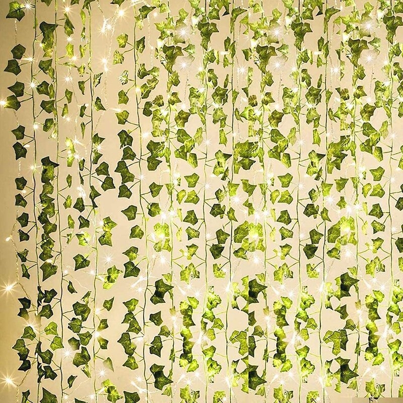 12 Pack Artificial Ivy Garland Fake Plants, Vine Hanging Garland With 100 LED String Light, Hanging For Home Kitchen Garden Office Wedding Wall Decor, Green - Image 0