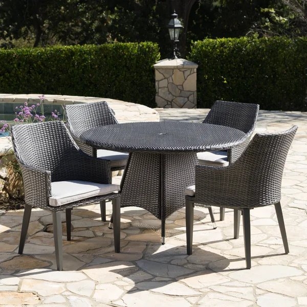 Backlund Outdoor Wicker Round 5 Piece Dining Set with Cushions - Image 0