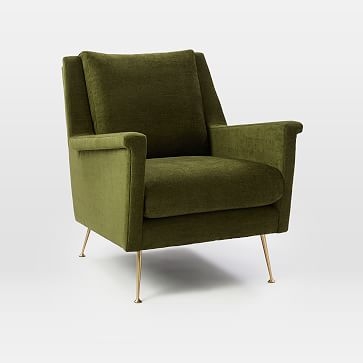 Carlo Mid-Century Chair, Distressed Velvet, Olive, Brass Legs, Set of 2 - Image 0