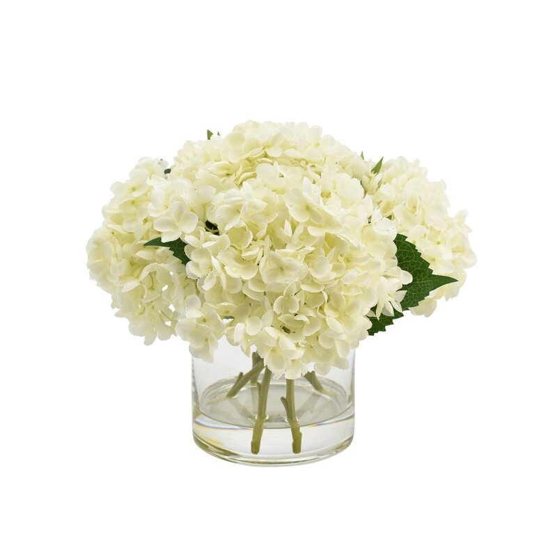 Hydrangea Floral Arrangement in Glass Vase - White - Image 0