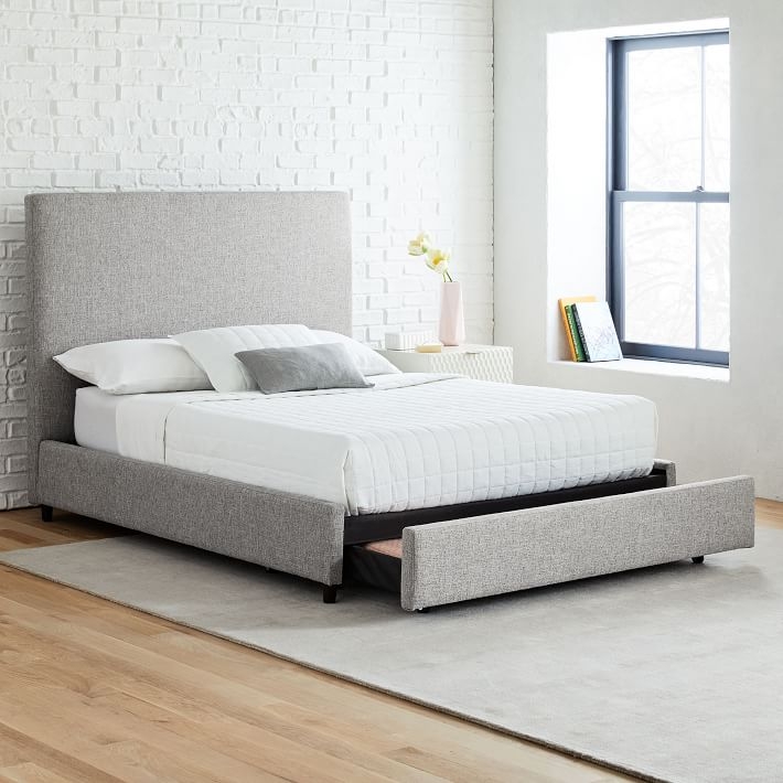 Contemporary Tall Storage Bed, Full, Heathered Crosshatch, Feather Gray - Image 1