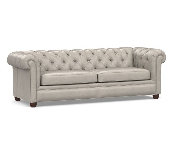 Chesterfield Roll Arm Leather Sofa 86", Polyester Wrapped Cushions, Statesville Pebble - Image 0