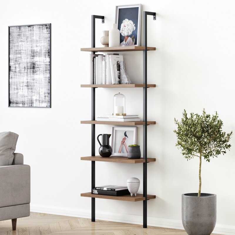 Mederos Steel Ladder Bookcase, Oak - Image 1