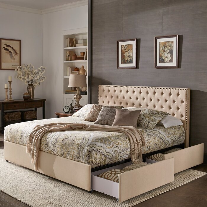 Gaylen Nailhead Linen Headboard Storage Queen Size Platform Bed - Image 3