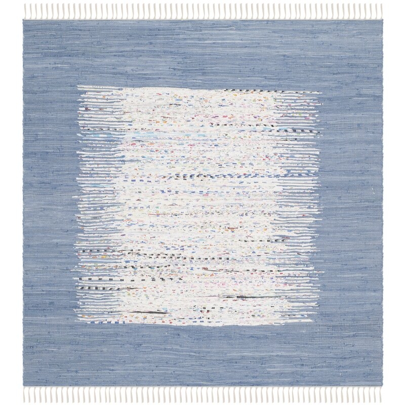 Abstract Handmade Flatweave Cotton Ivory/Dark Blue Area Rug - Image 0