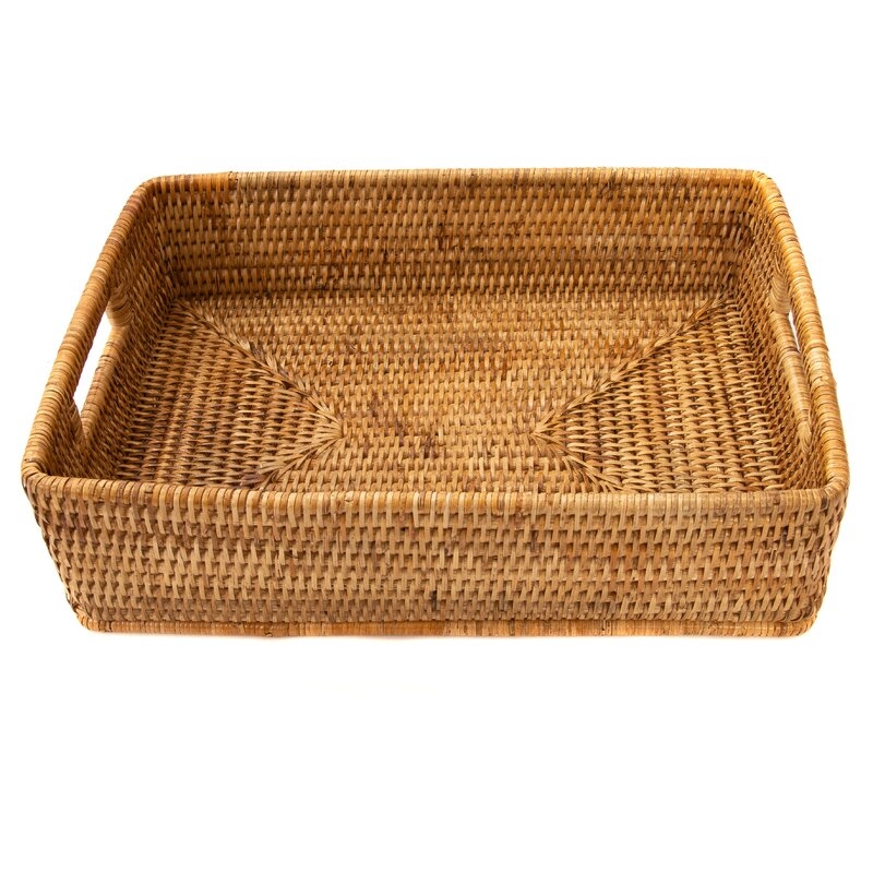 Rattan Rectangular Basket with Rounded Corners and Cutout Handles / Honey Brown - Image 1