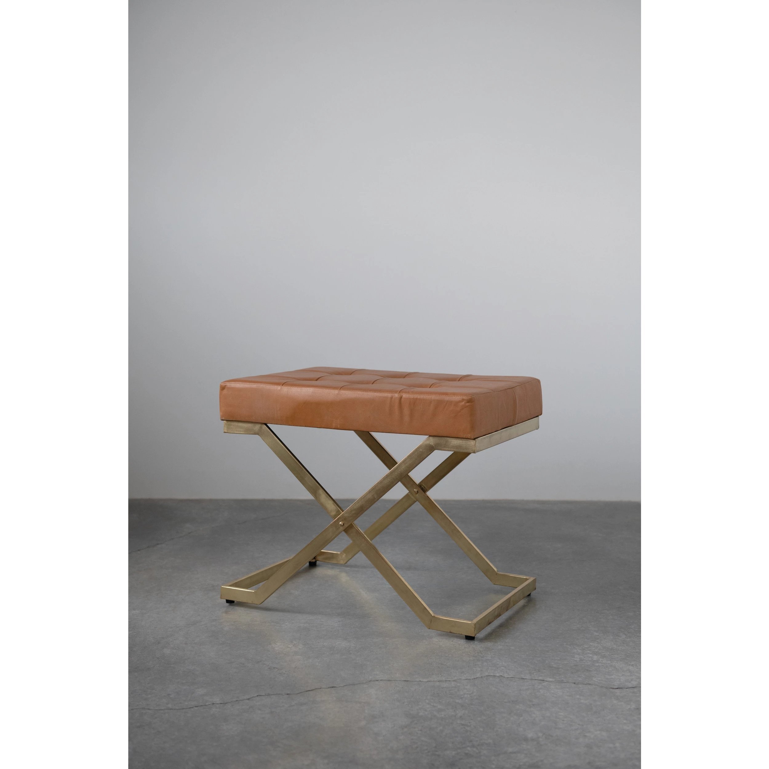 Tufted Leather Stool with Metal Legs - Image 1