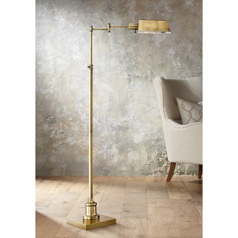 Regency Hill Jenson Adjustable Height Brass Swing Arm Pharmacy Floor Lamp - Image 1