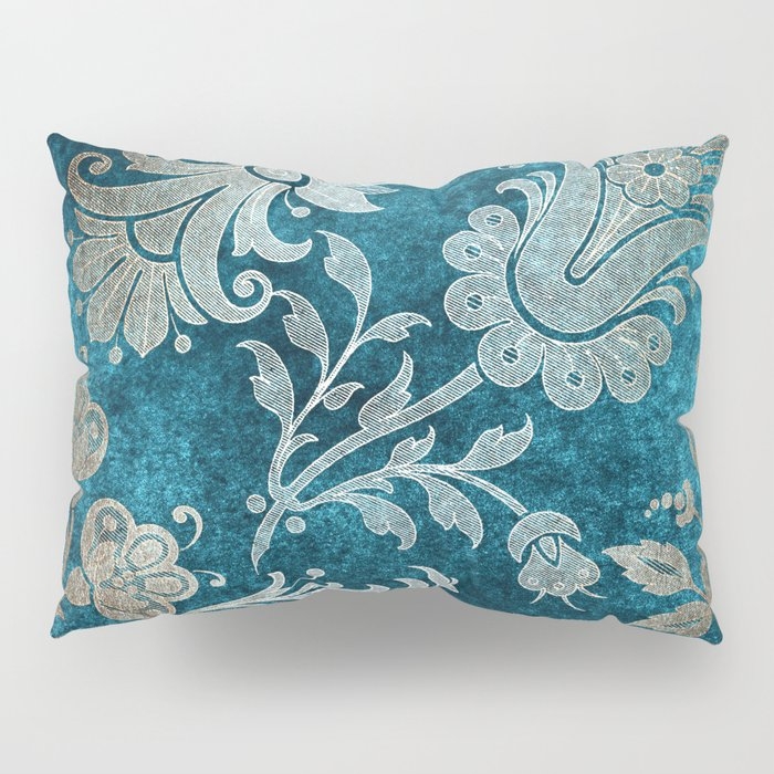 Aqua Teal Vintage Floral Damask Pattern Pillow Sham Set - Image 0