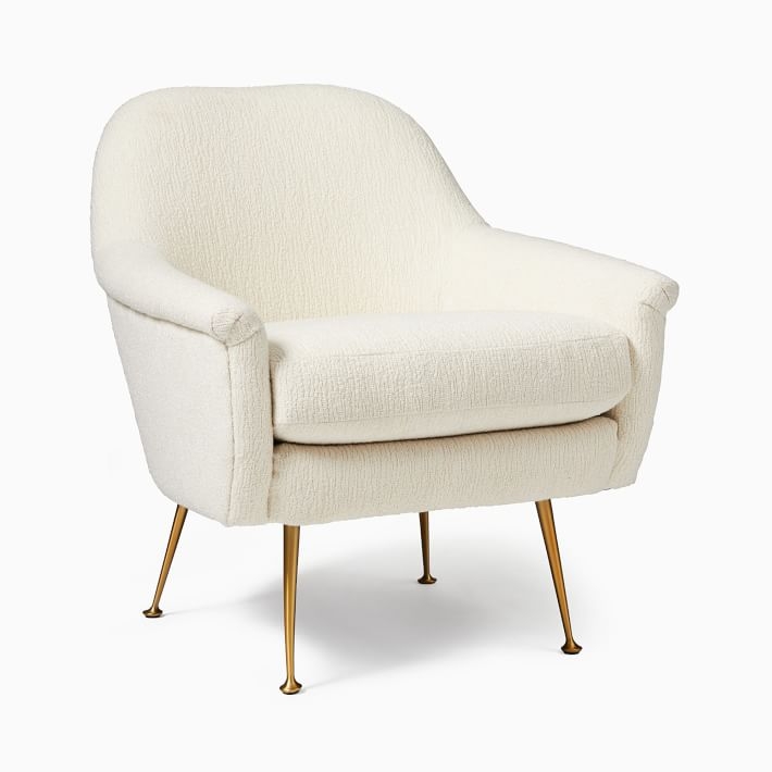 Phoebe Midcentury Chair, Poly, Chunky Boucle, White, Brass - Image 0