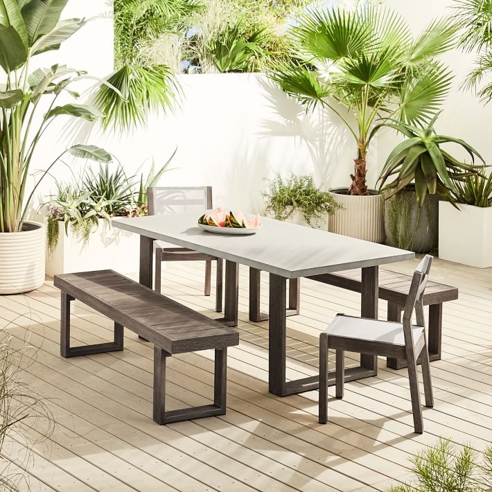 Concrete Outdoor Dining Table, 2 Portside Benches &amp; 2 Portside Textilene Chairs Set, Weathered Gray - Image 1
