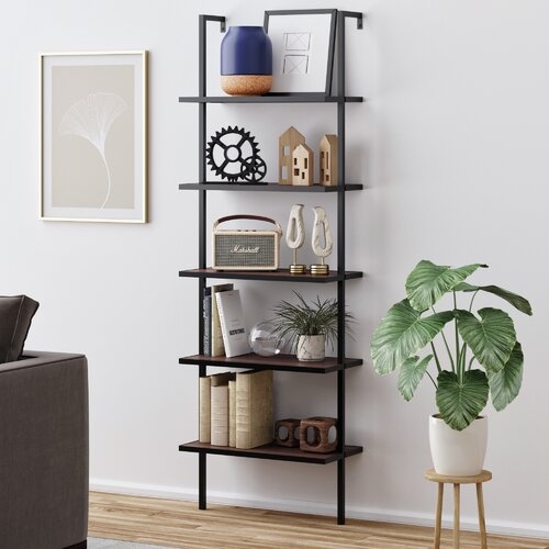 Moskowitz Standard Bookcase Walnut Brown Wood, Black Metal Frame - Image 1