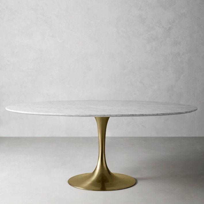 Tulip Pedestal Oval Dining Table, Antique Brass Base, Carrara Marble Top - Image 0