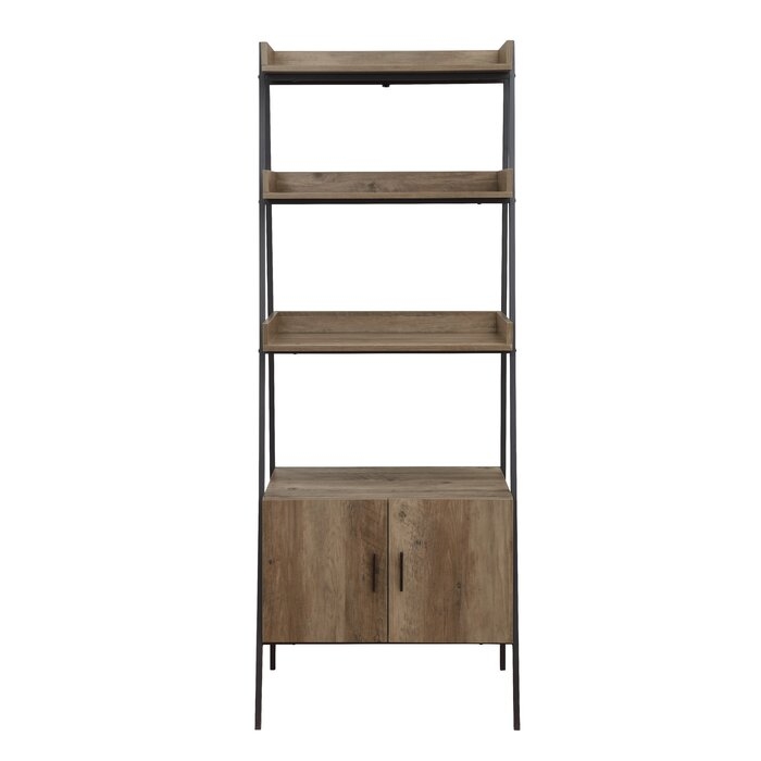 Rectangular Leaning-ladder Bookshelf With Metal Open Frame In Rustic Oak And Black Finish - Image 0