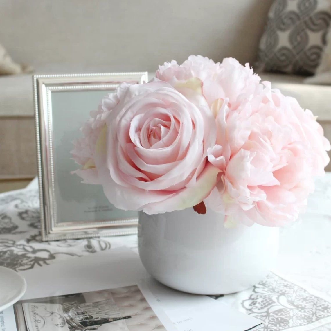 Peonies and Roses Floral Arrangement in Decorative Vase (faux) - Image 0