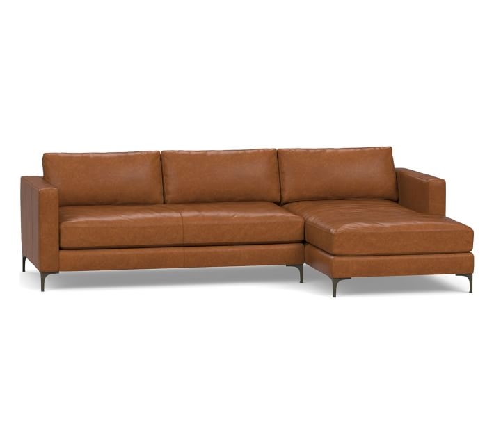 Jake Leather Left Arm 2-Piece Sectional with Chaise, Down Blend Wrapped Cushions, Leather Statesville Caramel - Image 0