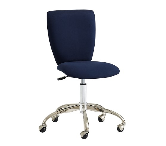 Square Upholstered Desk Chair, Brushed Nickel Base, Navy Twill - Image 0