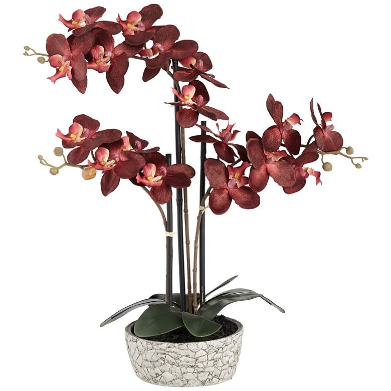 Red Orchid 24" High Faux Flower in Gray Pot - Image 0