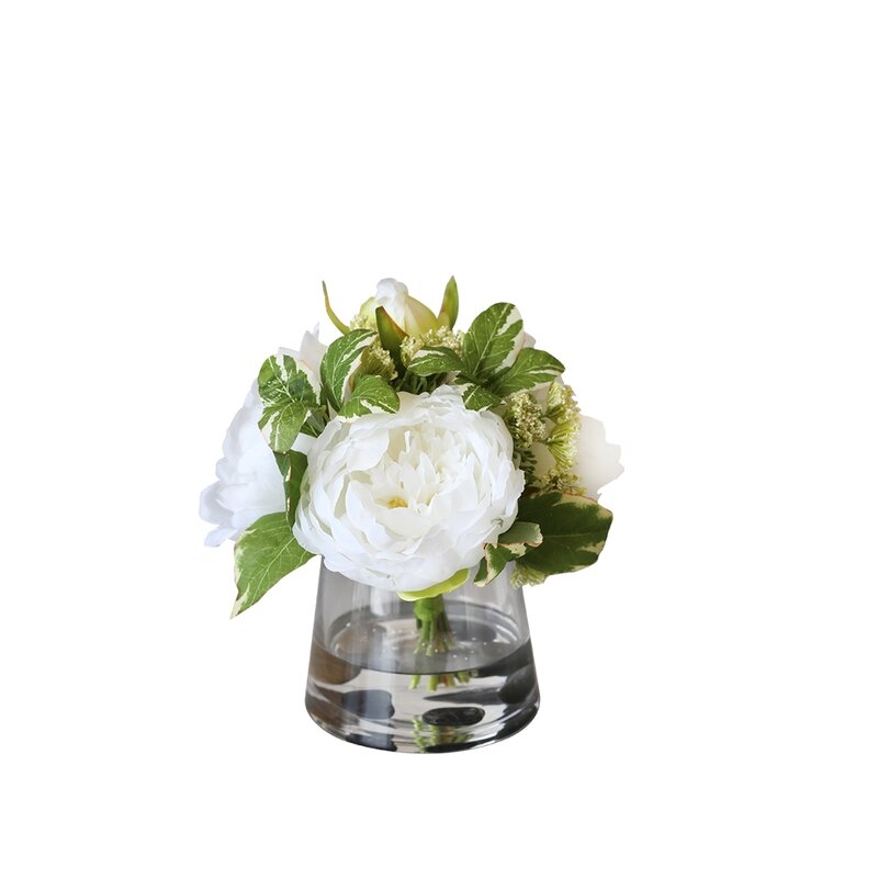 Silk Peonies Floral Arrangement in Glass Vase - Image 0