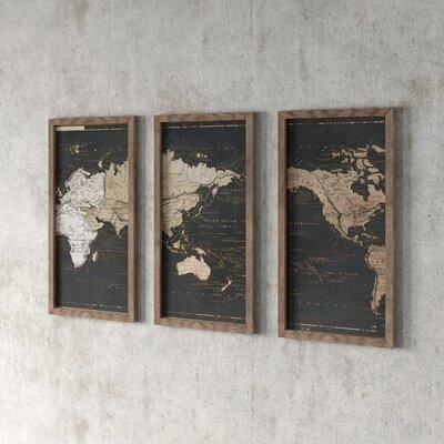 'World Map in Gold and Gray' - 3 Piece Picture Framed Graphic Art Print Set on Acrylic - Image 1