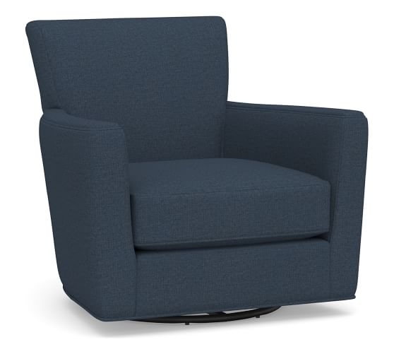 Irving Square Arm Upholstered Swivel Glider, Polyester Wrapped Cushions, Brushed Crossweave Navy - Image 0