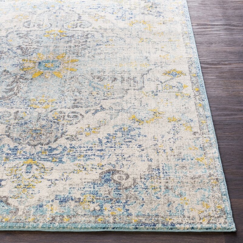 Hillsby Oriental Ivory Cream/Teal/Yellow Area Rug - Image 3