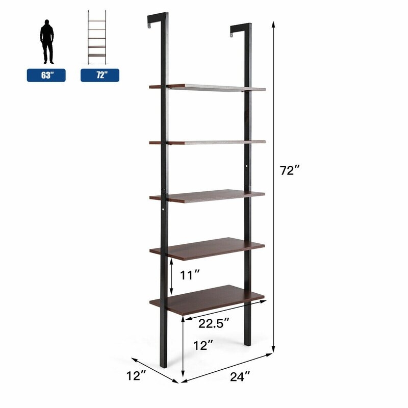 5-tier Ladder Shelf Wood Wall Mounted Bookshelf, Metal Frame Display Shelf - Image 5